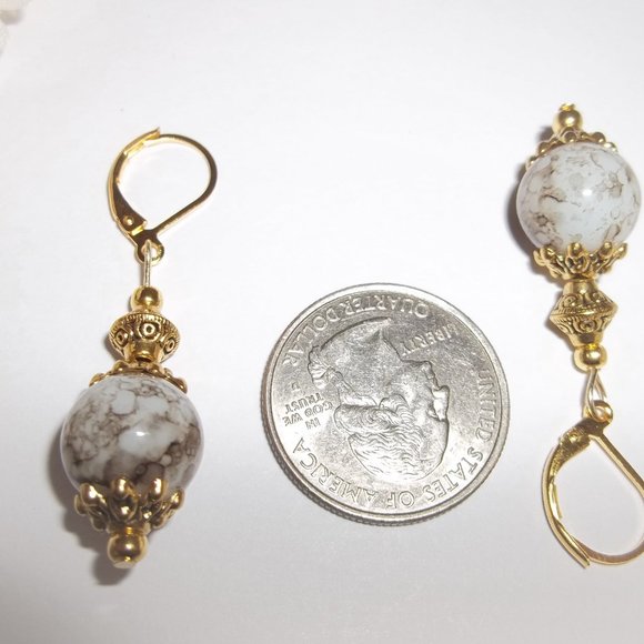 Gold Brown White Beaded Dangle Earrings Set Lever Back Gift Idea for Her 7134 - Picture 3 of 8